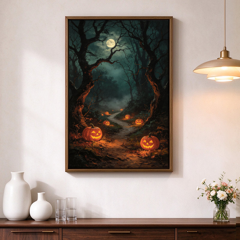 Citrouilles d'Halloween sous un arbre effrayant, tableau sur toile encadré, cadre marron, 50 x 75 cm, 30" H x 20" W, Brun
