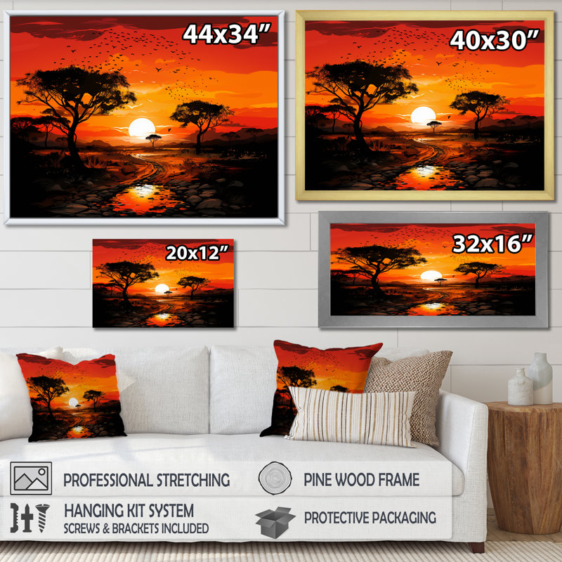 Arbre africain, safari au coucher du soleil - art mural Baobab, Cadre de coin blanc fermé, H 34 po x l 44 po x P 1,5 po