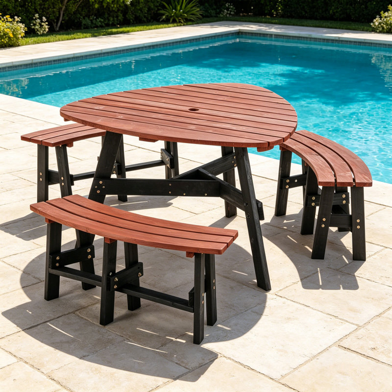 Ensemble de table de pique-nique semi-circulaire pour 6 personnes avec bancs intégrés et trou pour parasol