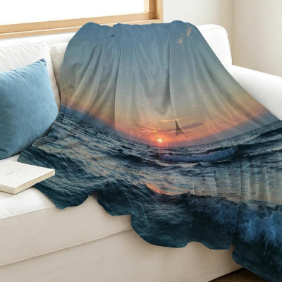 Jeté en molleton bleu flanelle ultra doux, imprimé d'un seul côté Sunset Ocean Sea Sun