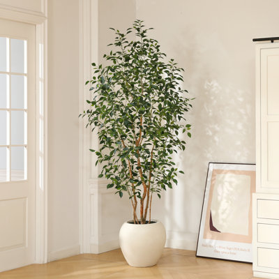 8ft Artificial Ficus Tree with White Tall Planter, Faux Ficus Tree with Natural Trunk
