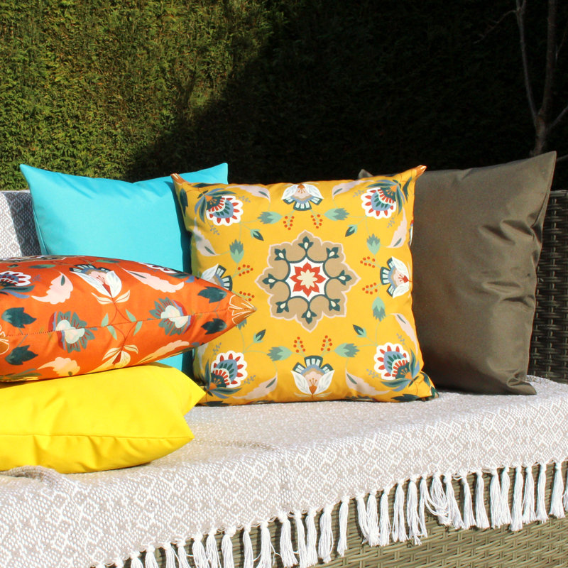 Indoor / Outdoor Floral Square Cushion Cover, Ochre