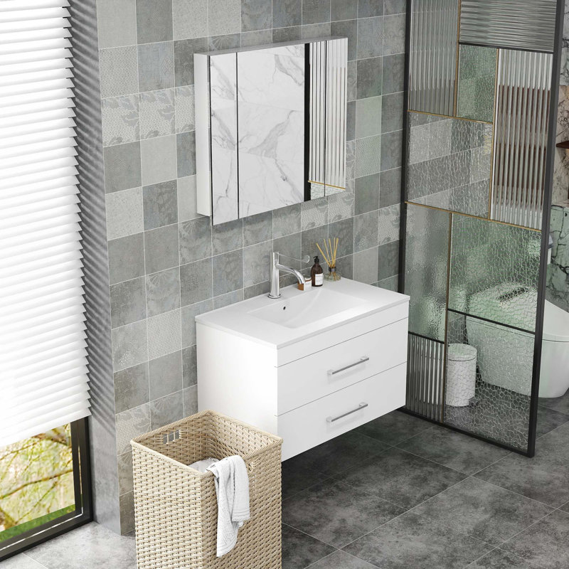 Gloss Wall-Mounted Bathroom Vanity With Mirro, 30", Glossy White, Silver