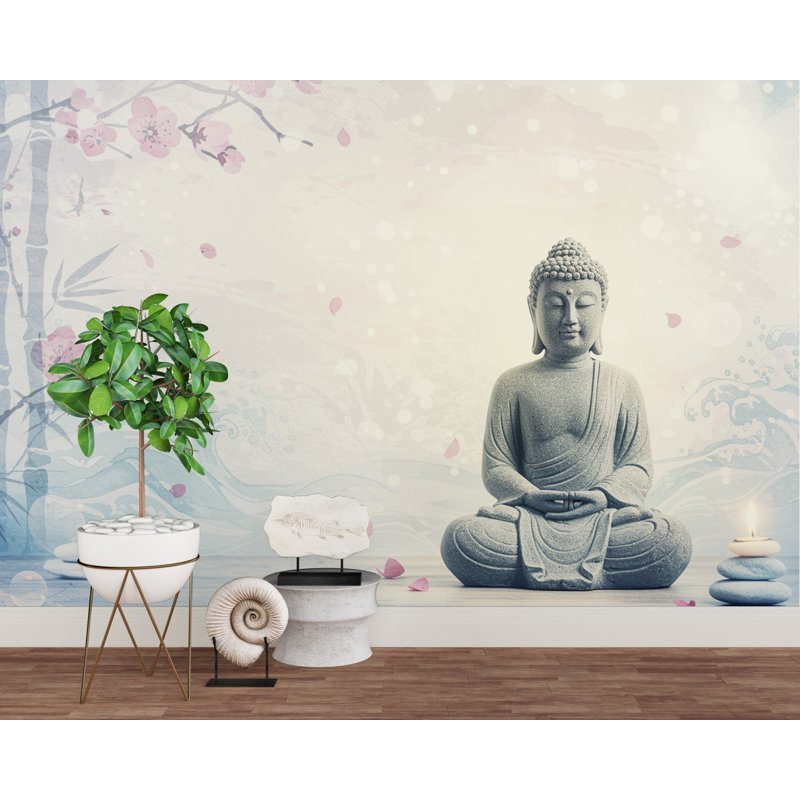 Murale zen Bouddha spa - Papier peint méditation minimaliste avec des vagues de cerisiers en fleurs - aquarelle calme et bien-être 699RS (Peel-N-Stick) RS699