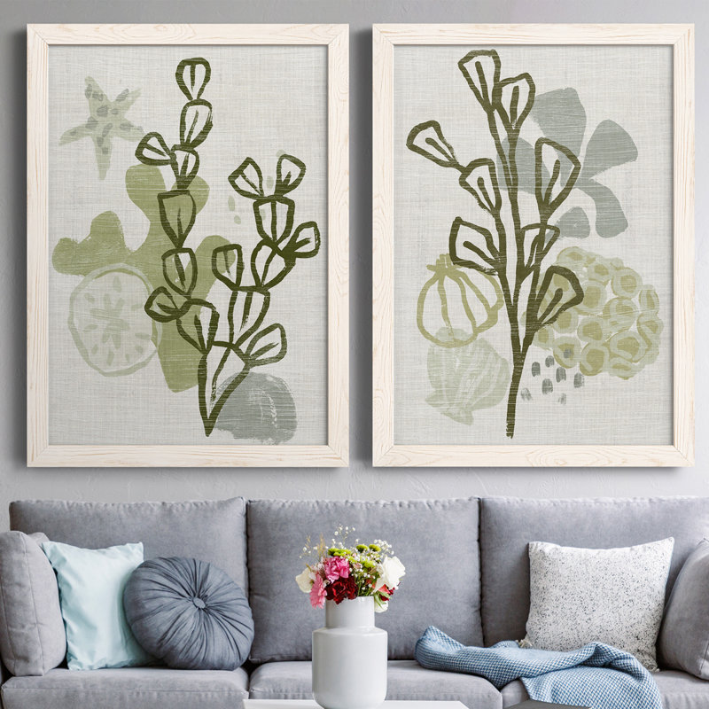 Coral Blockprint I - ensemble de 2 peintures encadrées, Toile avec cadre blanc, H 31,5 po x l 47 po x P 1,5 po