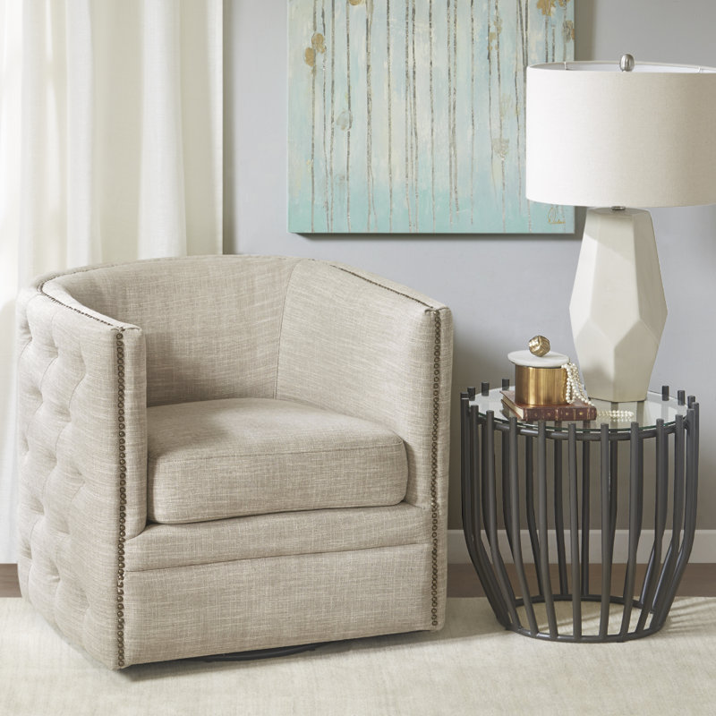Arazia 360-Degree Swivel Barrel Chair with Tufting and Nail Heads, Lavaca Taupe Multi Polyester Blend
