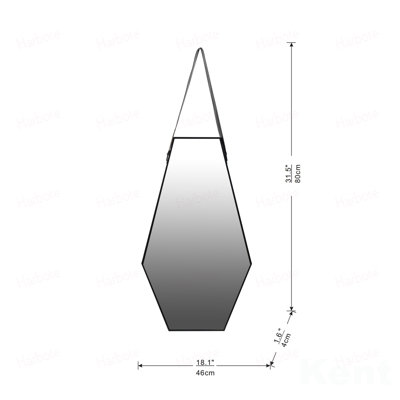 18x1.6x31.5" Black and Silver Hexagonal Wall Mirror with Hanging Leather Strap
