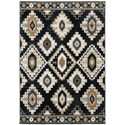 Ikat Black-Beige Ethnic-Themed Woven Base Digital Print Rug
