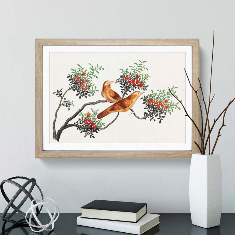 Birds of China - Picture Frame Painting Print, 48cm H x 65cm W x 2cm D, Oak Framed