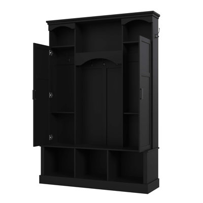 Modern All-In-One Hall Tree With Adjustable Shelves, Classic Arched Farmhouse Storage Bench With Dual Side Cabinets, Elegant Entryway Organizer With 7 Hooks For Mudroom, Hallway