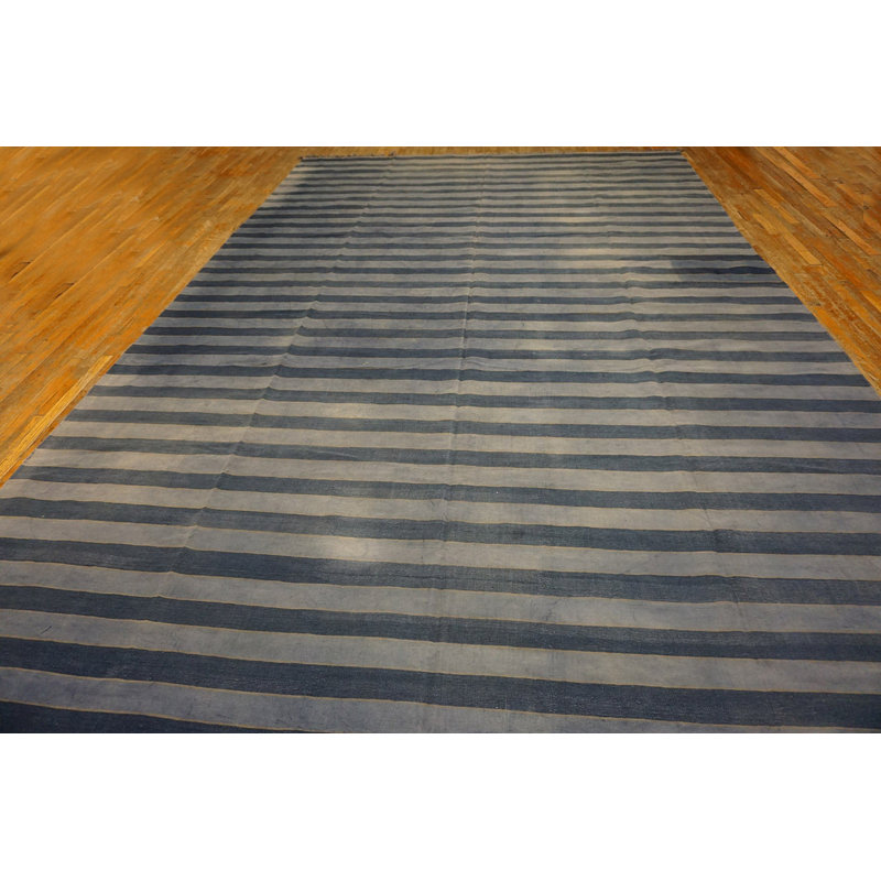 Antique Striped Flat Weave Cotton Blue Indian Dhurrie Rug