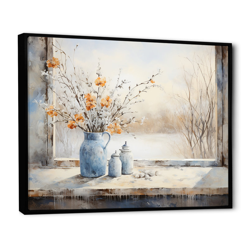 «Cottage In Winter Window Charm I», art mural fenêtres de ferme, Cadre flottant noir, H 34 po x l 44 po x P 1,5 po