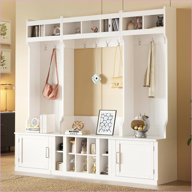 Rangement moderne 4 en 1 avec banc, portemanteau et ampoule Hall Tree Casiers à chaussures, noir | Panneau de particules