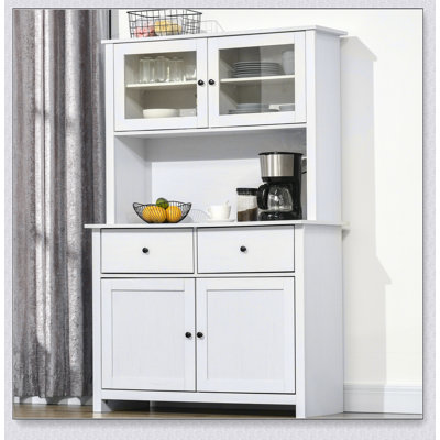 Buffet de cuisine de 63,5 pouces avec huche, armoire de rangement pour garde-manger avec 4 tablettes, tiroirs, portes en verre encadrées et comptoir à micro-ondes ouvert