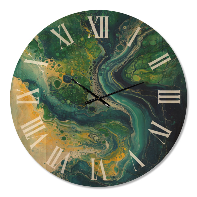 Emerald Tide Pour - Horloge murale ronde abstraite en bois, Très grand