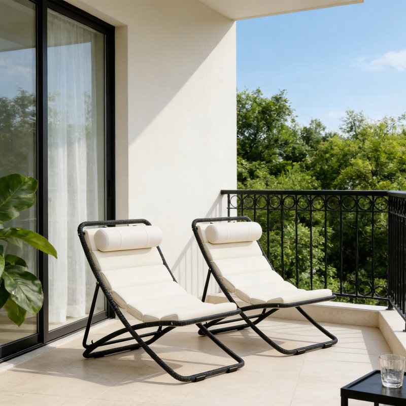 Outdoor Rattan Papasan Folding Lounge Chair With Adjustable Backrest And Cushion(Set Of 2), Black