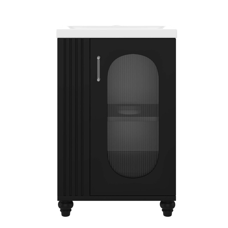 Meuble-lavabo de 20 po avec lavabo, meuble-lavabo avec tablette à deux niveaux, tablette réglable, bois massif et panneau de fibres à densité moyenne