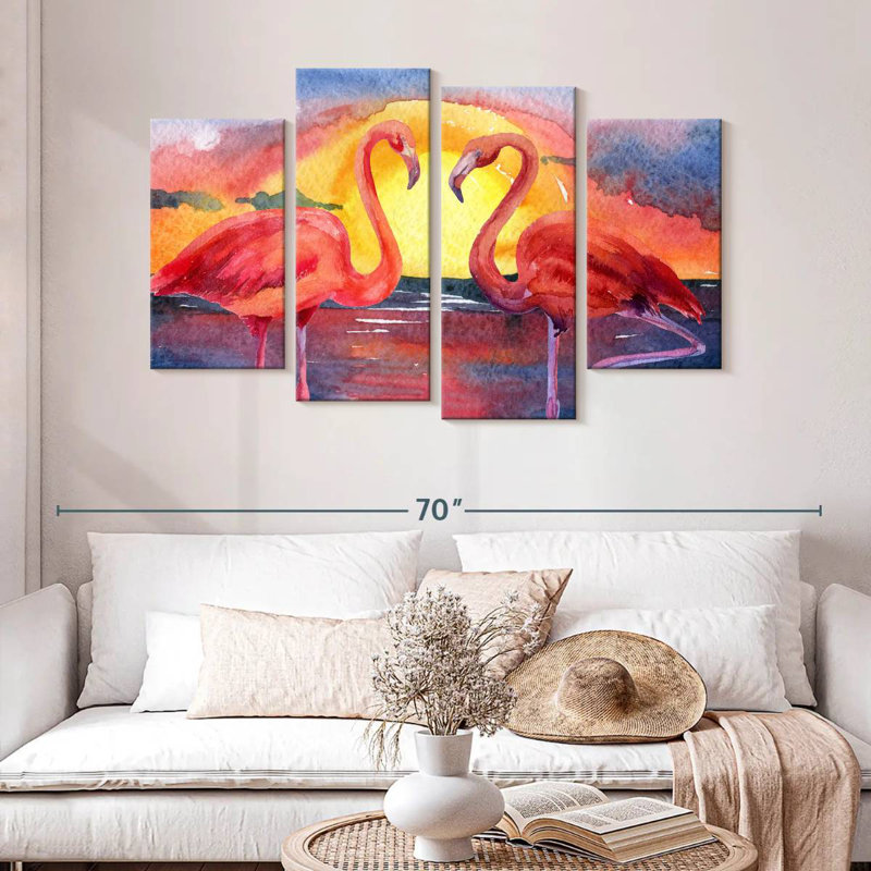 Flamants et coucher de soleil, H 32 po x l 52 po
