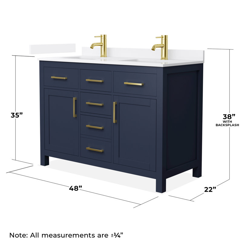 Beckett 48" Freestanding Double Bathroom Vanity with Quartz Top, Dark Blue, Brushed Gold, White Quartz