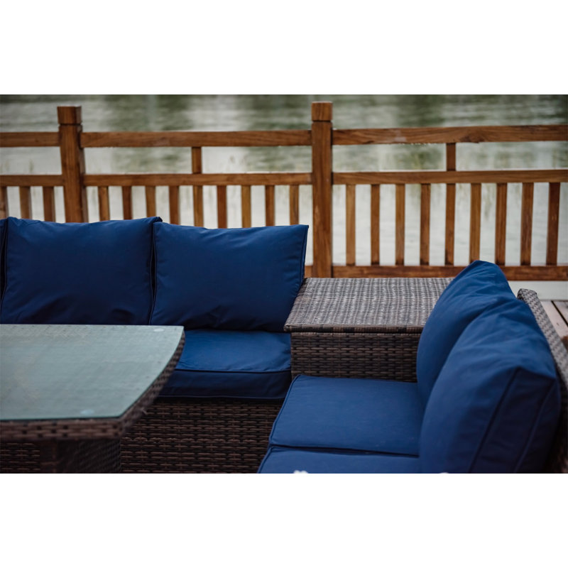 Ensemble de conversation en osier / rotin pour 6 personnes avec coussins, Bleu, Marron