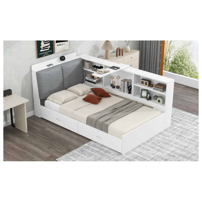 Lit plateforme simple avec tête de lit, étagères et tiroirs sous le lit - Structure en bois massif blanc avec dossier rembourré