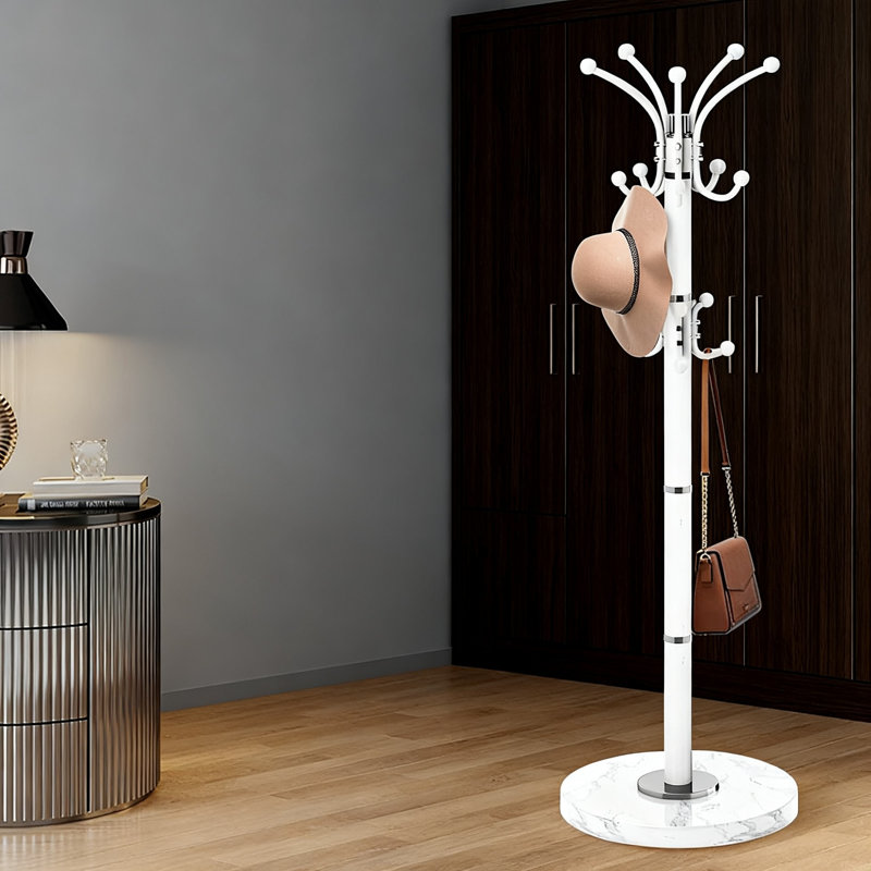 Portemanteau moderne en métal, portemanteau autoportant avec base en marbre naturel, portemanteaux robustes au design rotatif à 360 ° avec 16 crochets (blanc)