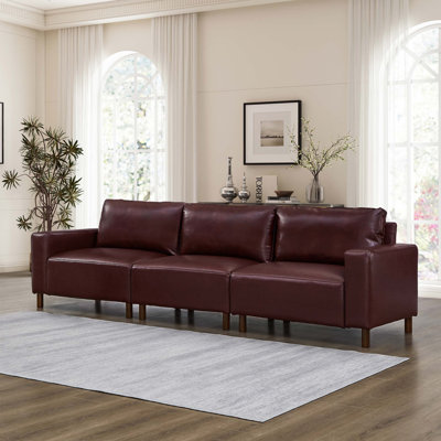 112" 3-Seat PU Leather Sofa With Solid Wood Legs For Living Room & Apartment