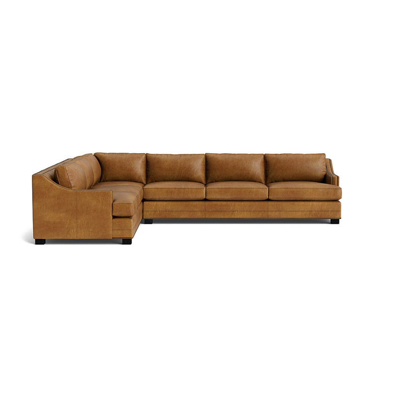 Canapé d'angle droit Keaton en cuir avec accoudoirs inclinés et clous, Laiton antique, Black, Bedford - Selle