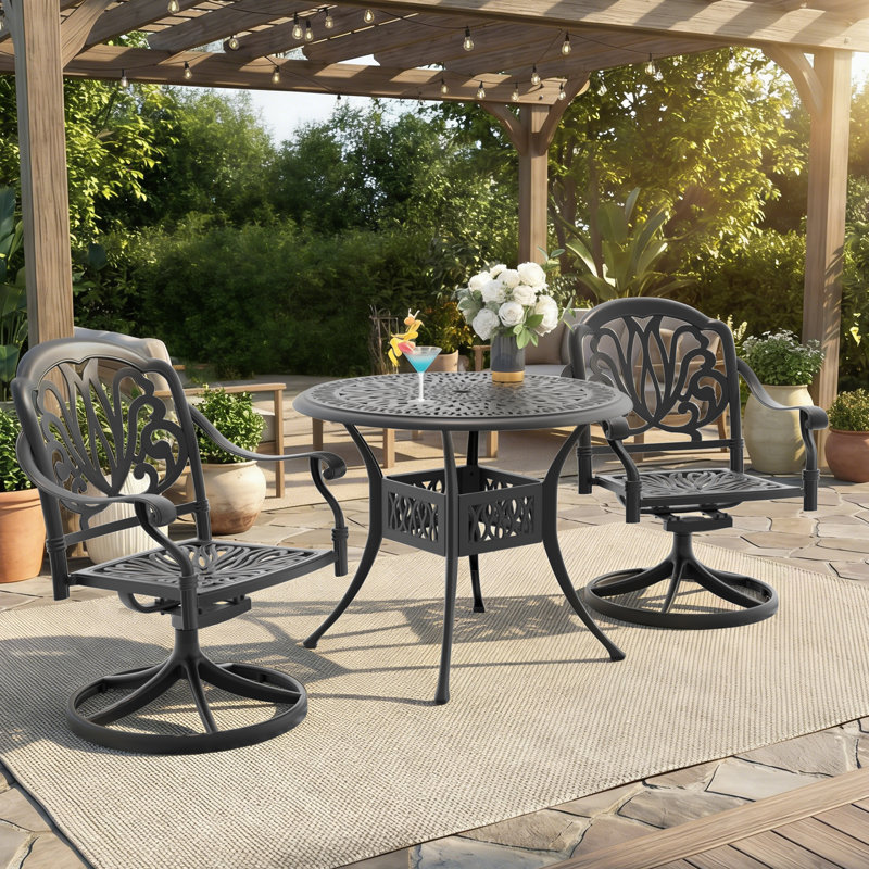 Ensemble de salle à manger bistro rond 3 pièces de 90 cm (35,43 po) avec trou pour parasol, 2 chaises pivotantes avec coussins bruns