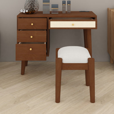 Retro Bohemian Dressing Table with USB Port, Stool, 3 Storage Drawers and 1 Rattan Drawer