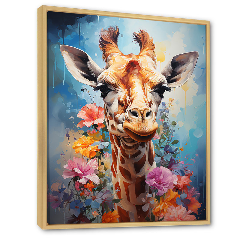 Popart Art, girafe multicolore Grace I sur toile, Cadre naturel flottant, H 40 po x l 30 po x P 1,5 po