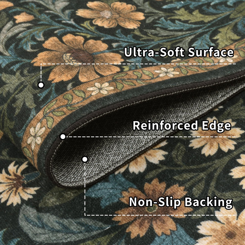 Washable Area Rug - Vintage Boho Botanical Low-Pile Rug, Black/Brown, Rectangle 4' x 6'