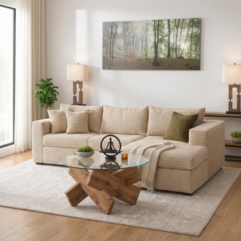 Table basse ronde moderne de 85 cm (33,4 po) avec dessus en verre trempé et piètement géométrique en bois, Bois naturel