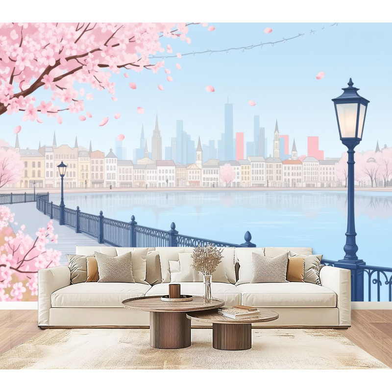 Papier peint adhésif auto-adhésif moderne pour la chambre à coucher Cherry Blossom Pier City Skyline Pastel