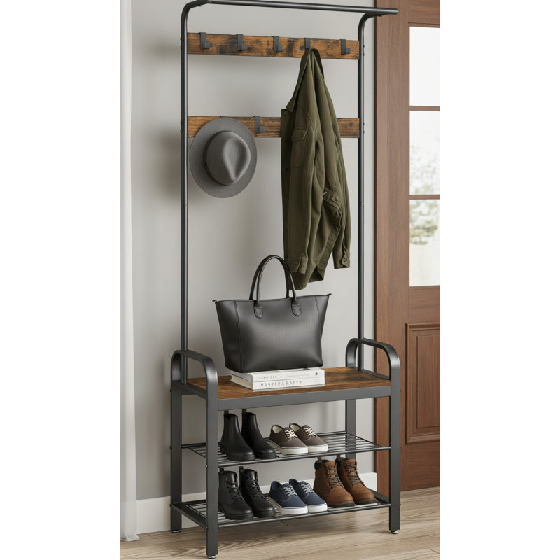 Vintage Brown And Black, 4-In-1 Entryway Coat Rack With Shoe Bench + 9 Detachable Hooks/Bar. Dimensions: 13.4 X 28.4 X 72.2 Inches.