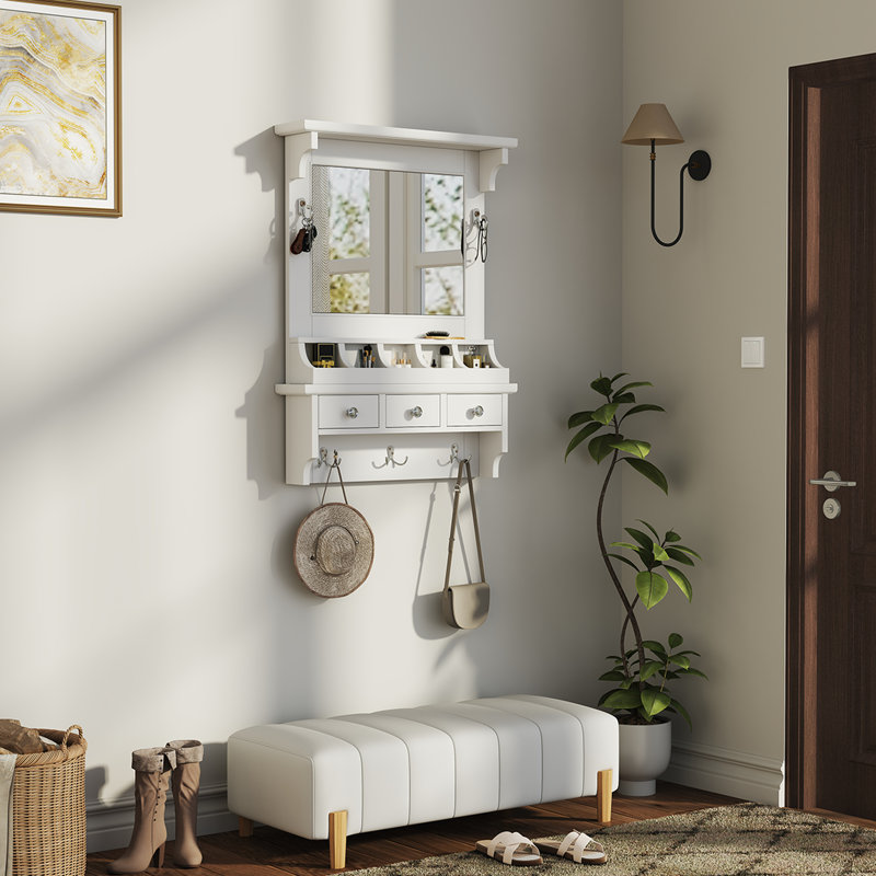 Meuble-lavabo flottant à économie d'espace en blanc, fixé au mur avec grand miroir, 3 tiroirs, 5 poches et crochets