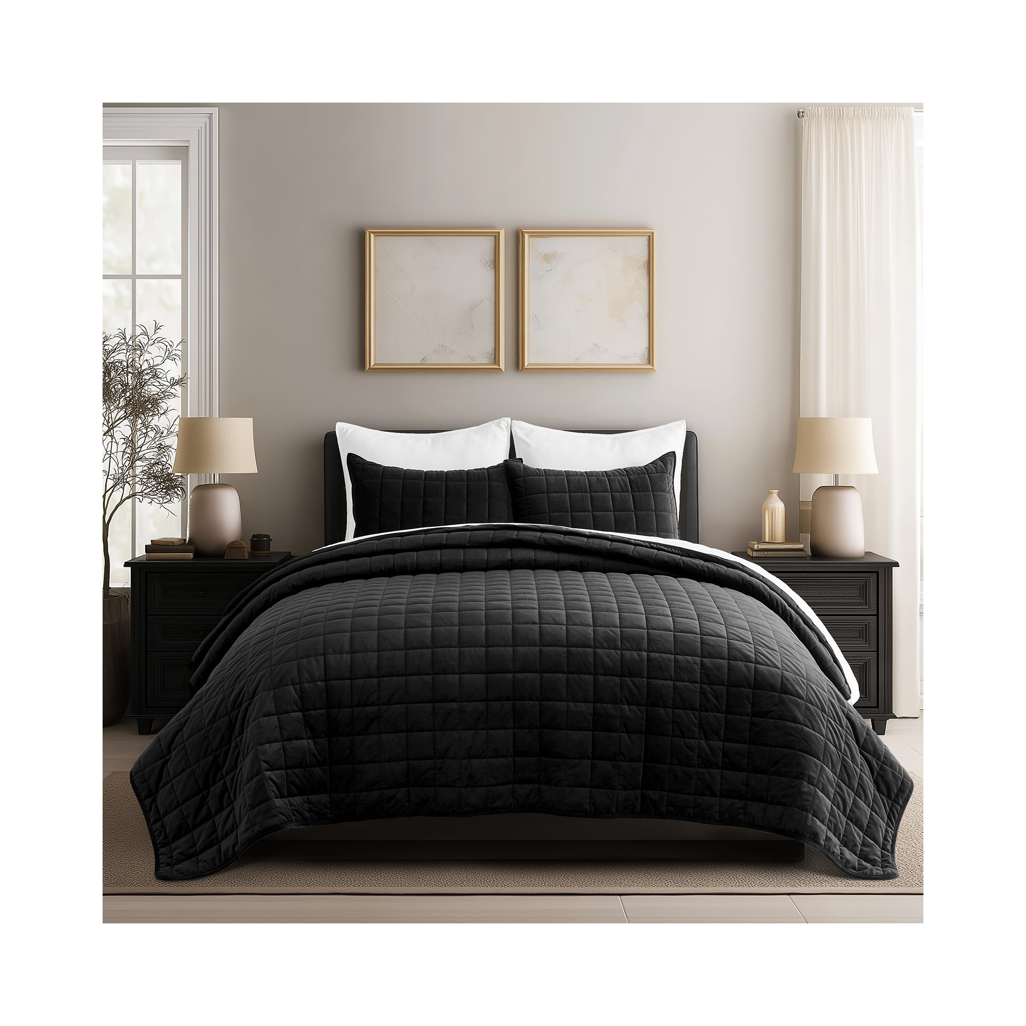 Box Stitch PearlVelvet Quilt set, Queen Quilt + 2 Standard Shams, Black