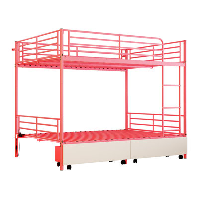 Lit superposé en métal rose avec station de charge, garde-corps, fonction de rangement, sans sommier, divisé en 2 lits simples, décor de chambre à coucher moderne avec charge, échelles, compartiment, diviseur pour l'installation