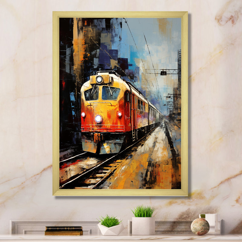 Voyage orange en train II - art mural moderne, salon, Encadrement doré, H 32 po x l 16 po x P 1 po