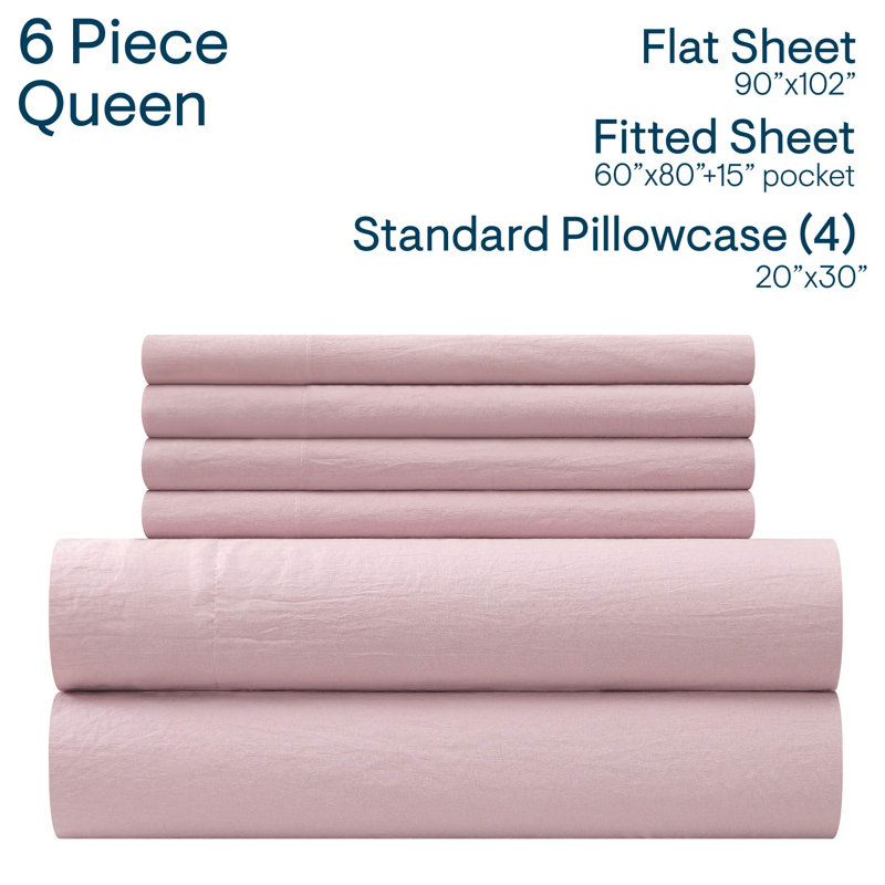 Aeropostale 6 Piece Premium All Season Microfiber Sheet Set, 4 Pillow Cases, 1 Fitted Sheet, 1 Flat Sheet, Fits Mattresses up to 16” Deep, Queen Size, Light Pink
