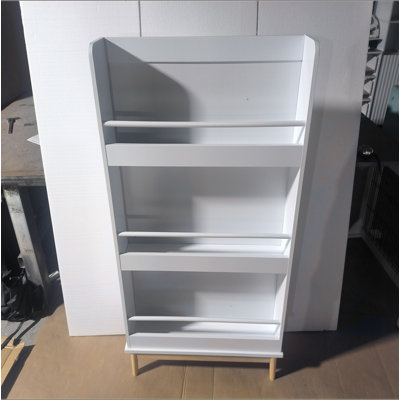 Wall-Mounted Kids Bookshelf With 3 Front-Facing Display Shelves, Modern White Book Rack With Natural Wood Base For Toddler Bedroom, Nursery Or Playroom