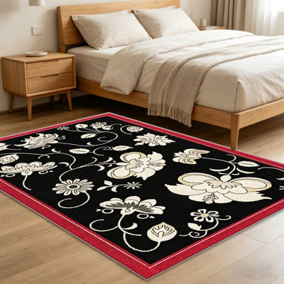 Black Floral   area rugs for Living Room, Soft and Comfortable, Suitable for all seasons, easy to maintain, machine washable Indoor floor mat, Under Table Farmhouse suitable for Bedroom, Dining Room, Study,  Balcony, Home Decor Patio