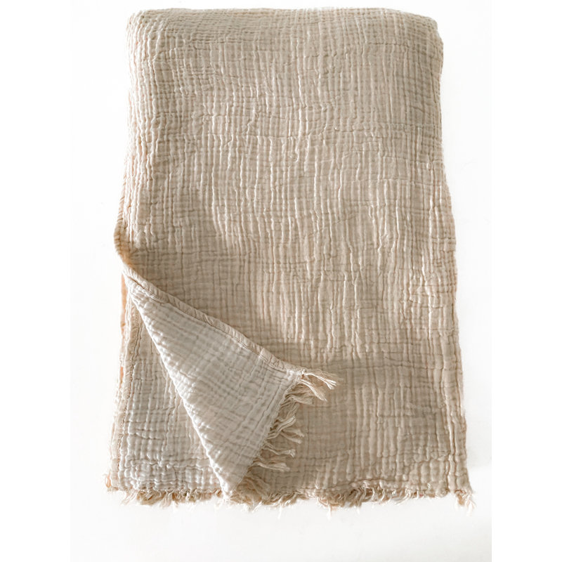 Crinkled Turkish Cotton Reversible Throw Blanket in Natural Yellow