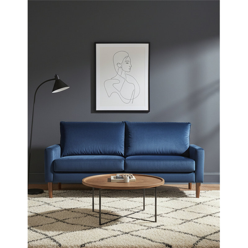 Canapé 3 places moderne et minimaliste rembourré en velours, structure en bois robuste, Dark Blue Velvet