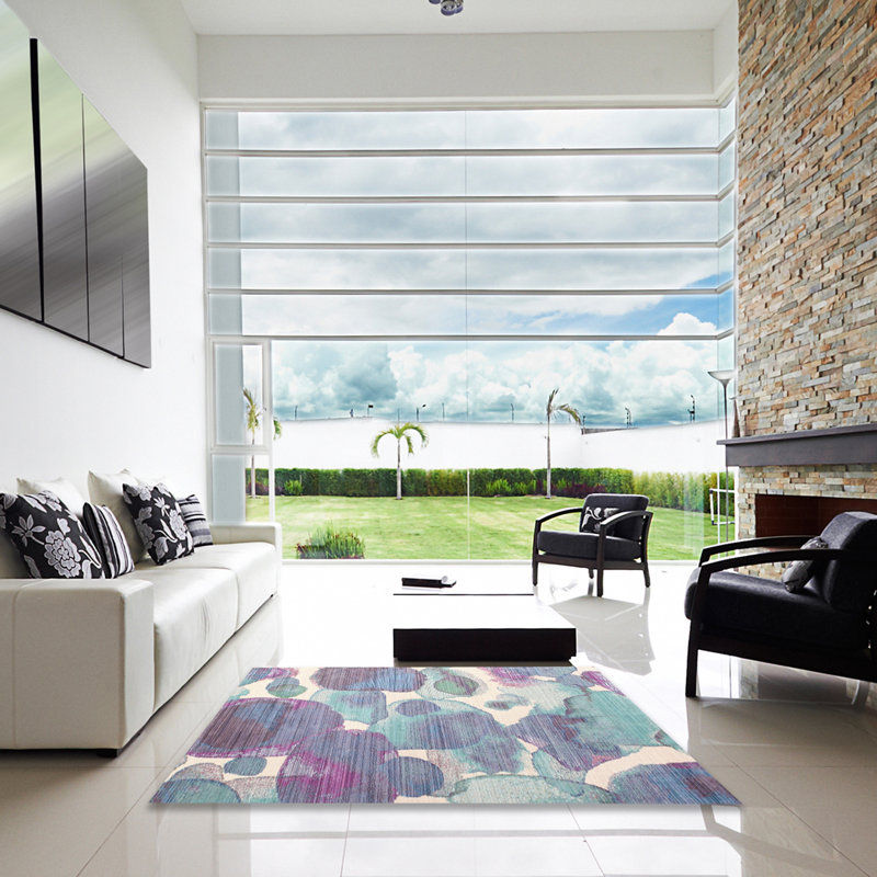 Tapis bleu/vert contemporain, Carré 8 pi