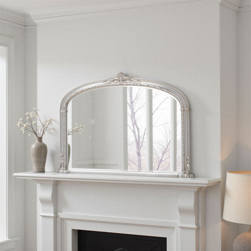 Overmantle Arched Bevelled Victorian Mirror, Silver