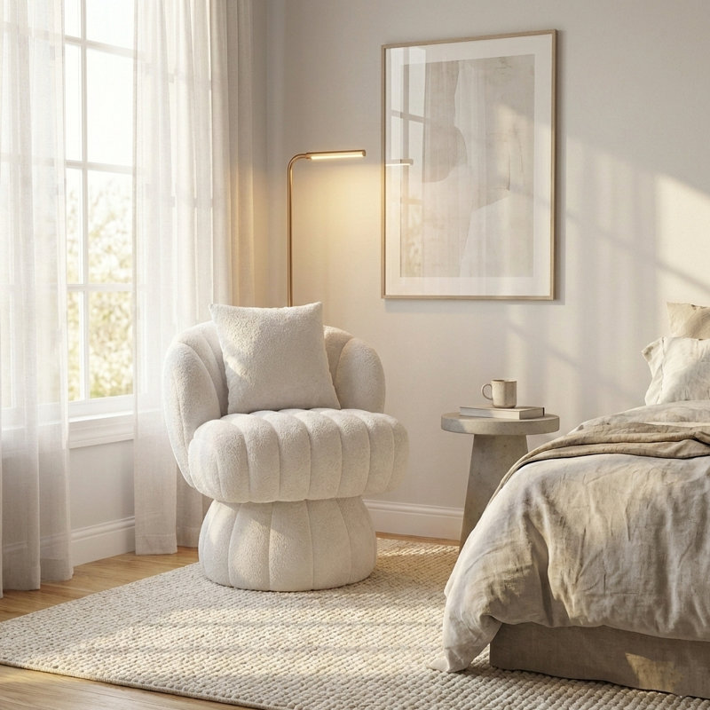 Upholstered Swivel Accent Chair Vanity Chair wit Pillow, Beige Teddy