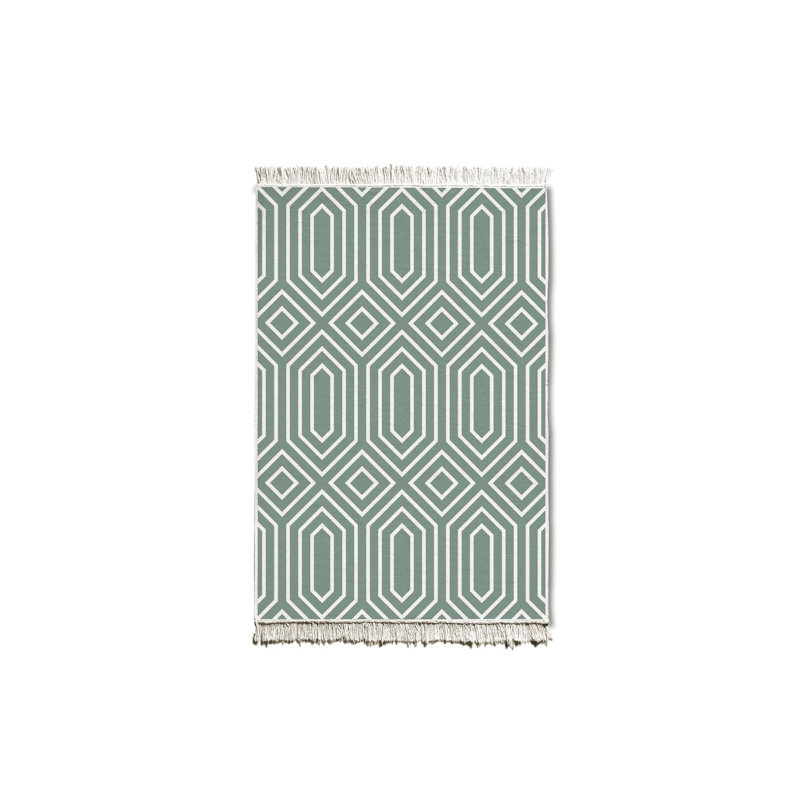 Tapis géométrique tissé à la machine rectangulaire vert / blanc Donnie, Rectangle 2 pi x 2 pi 11 po