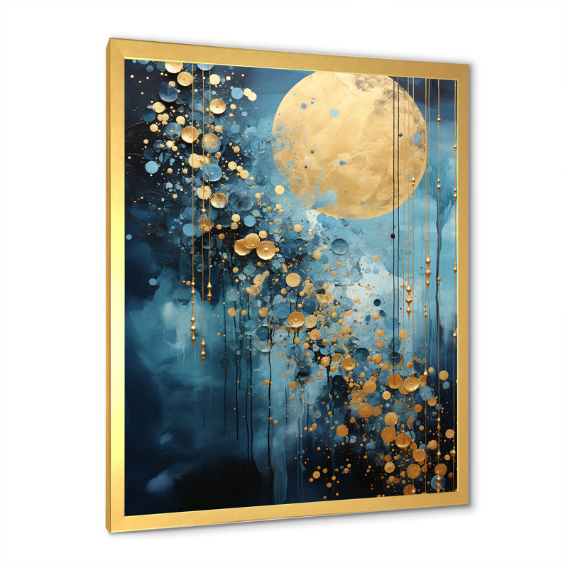 Lune bleu et or cycle céruléen Dreams III, H 32 po x l 16 po x P 1 po, Cadre doré simple