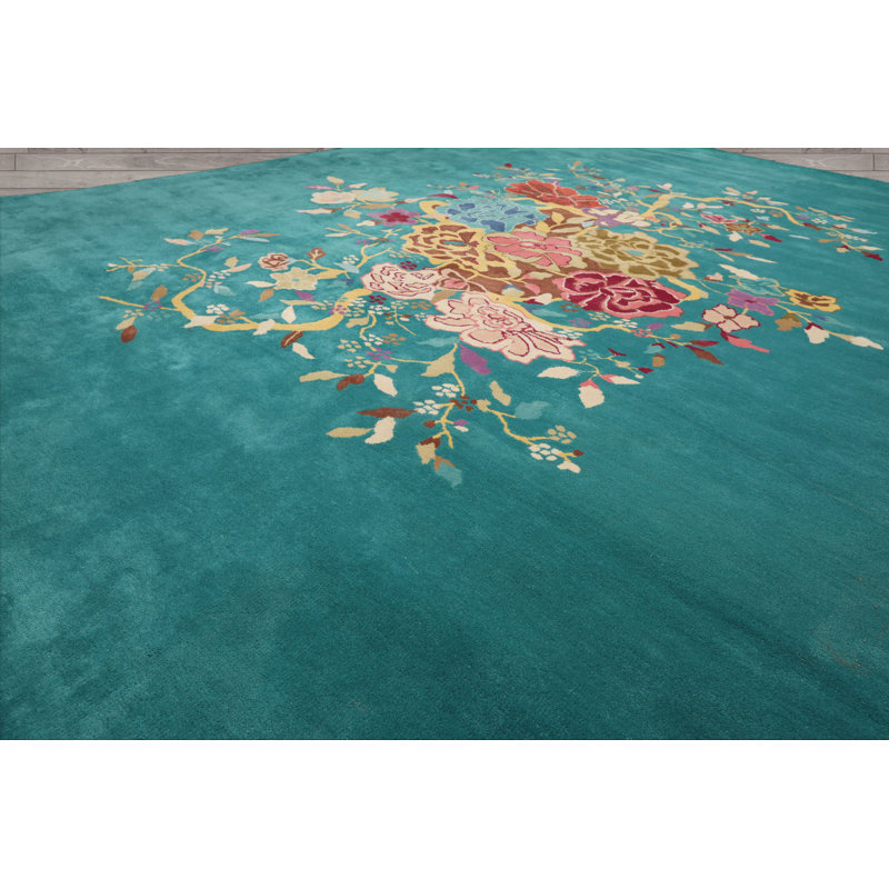 Tapis multicolore à motif floral touffeté à la main turquoise, Rectangle de 5 pi x 8 pi